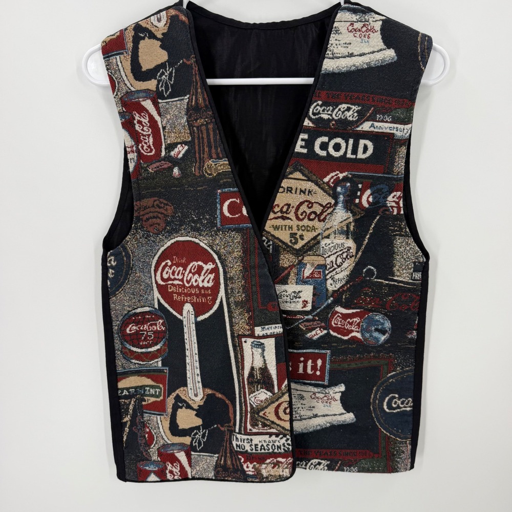 vintage Coca-Cola Tapestry Vest Small Black retro 80s 90s Americana eclectic
